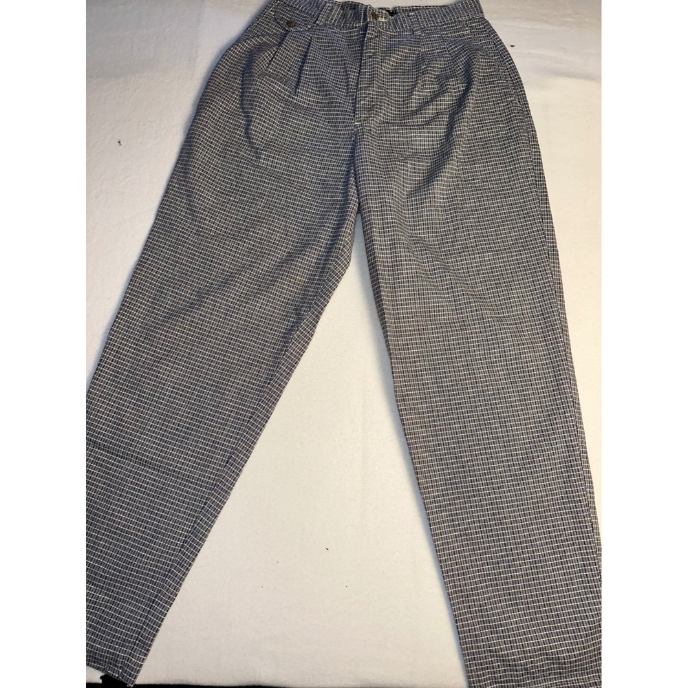 Vintage High Waisted Pleated Trousers Navy White Micro Check Tapered Pants 28x31